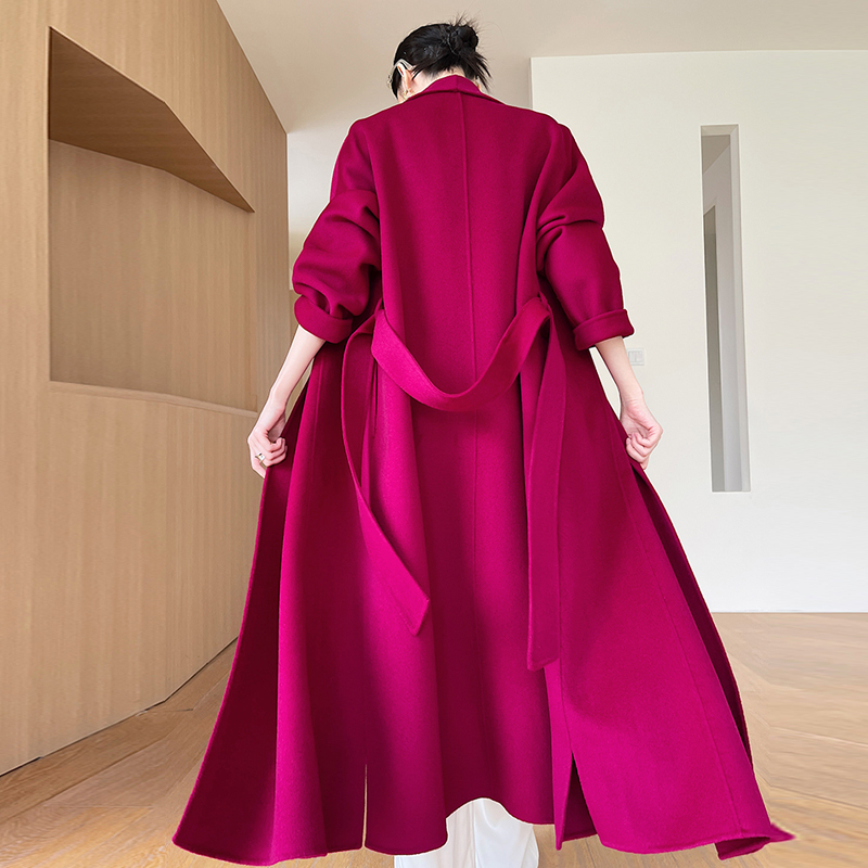 2026 Autumn/Winter New Dragon Fruit Color Mid-Length V-Neck Double-Sided Wool Coat for Women, High-End Feel Outerwear