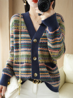 taobao agent Retro woolen cardigan, knitted sweater, jacket, 2023, plus size, increased thickness, V-neckline