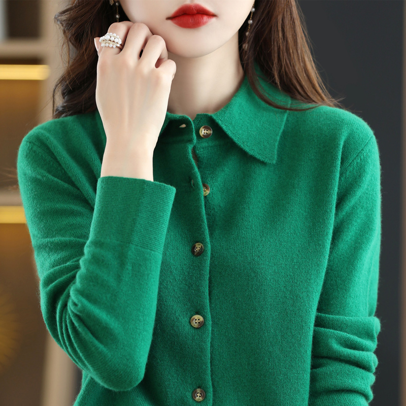 Spring-autumn POLO collar knit shirts Outer lap loose long sleeves sweaters Non-cashmere cardiovert jacket temperament overturning collar jacket bottom