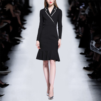 2018秋装新款职业连衣裙女名媛鱼尾摆西装领