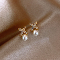 Cross Pearl Ear Nail S925 Silver Needle Korea Temperament Woman Small Earrings 2021 New Wave Lukewarm Wind Ear Accessories