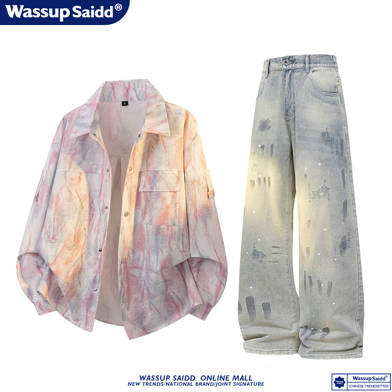 Wassup Saidd American Trendy Brand Tie-Dye Shirt and Splash-Ink Jeans Set for Men, Autumn Long-Sleeve Fashion Set Wassup Saidd American Trendy Brand Tie-Dye Shirt and Splash-Ink Jeans Set for Men, Autumn Long-Sleeve Fashion Set