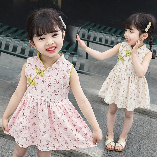 Летняя одежда для девочек, ципао, юбка, летнее детское тонкое платье, в западном стиле, в цветочек