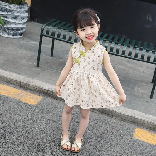 Летняя одежда для девочек, ципао, юбка, летнее детское тонкое платье, в западном стиле, в цветочек
