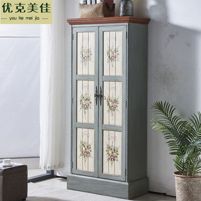 American double-door shoe cabinet wardrobe door hall Uan Guan Cabinet Retro with mirror storage containing large capacity European-style bedroom integral cupboard