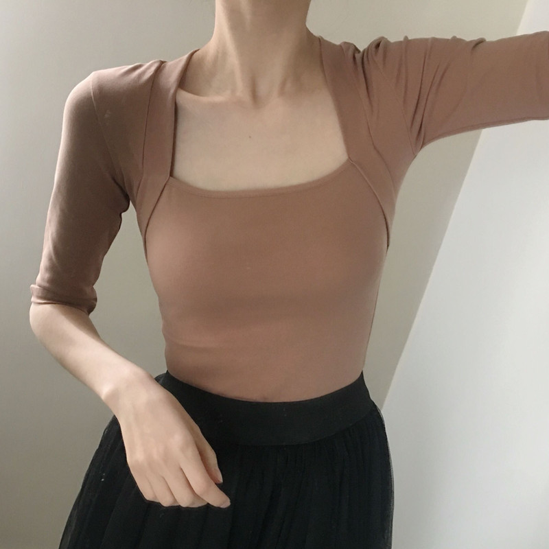 Hepburn style cotton fake two-piece T-shirt tight training dress Female art school ballet body suit Dance student training suit