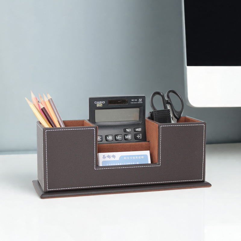 Creative Pu Pen Holder, Stylish Leather Multifunctional Desktop Office Storage Pen Box, Study Room Decoration Pen Holder, Business Card Holder Integrated