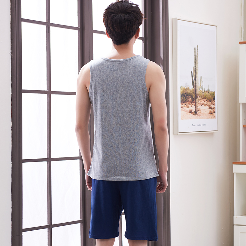 Bộ đồ ngủ mens mens mùa hè bông vest quần short hai mảnh bộ mùa hè mỏng mens thường không tay mặc nhà.