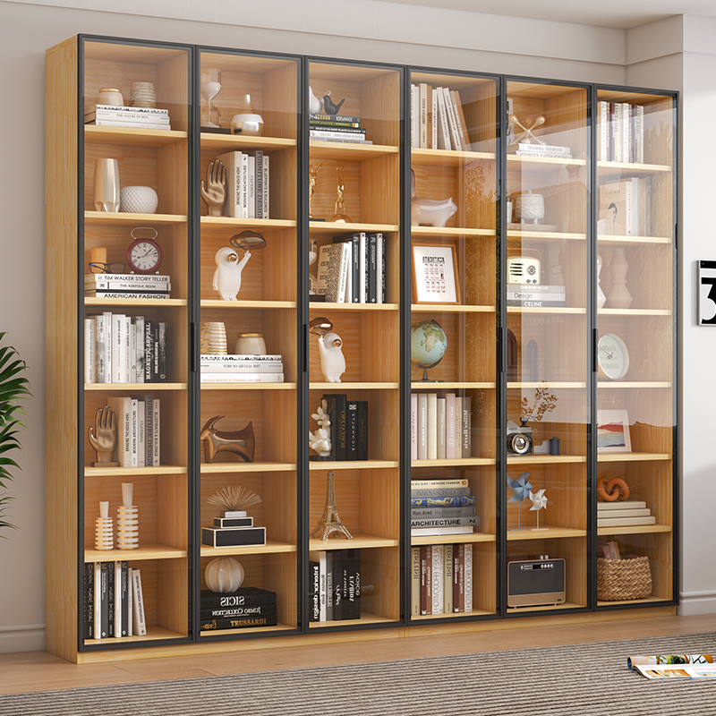 Solid Wood Pine Glass Door Bookshelf Dustproof Deepened and Thickened Display Cabinet Floor-To-Ceiling Wall-Mounted Full-Wall Combination Cabinet