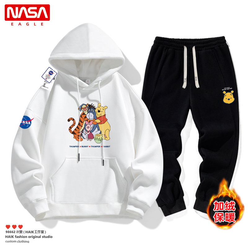 Nasa Co-Branded Winnie the Pooh Fleece Sweatshirt for Men and Women, Couple Hoodie, Cartoon Bear Hooded Winter Clothing, Youth Set