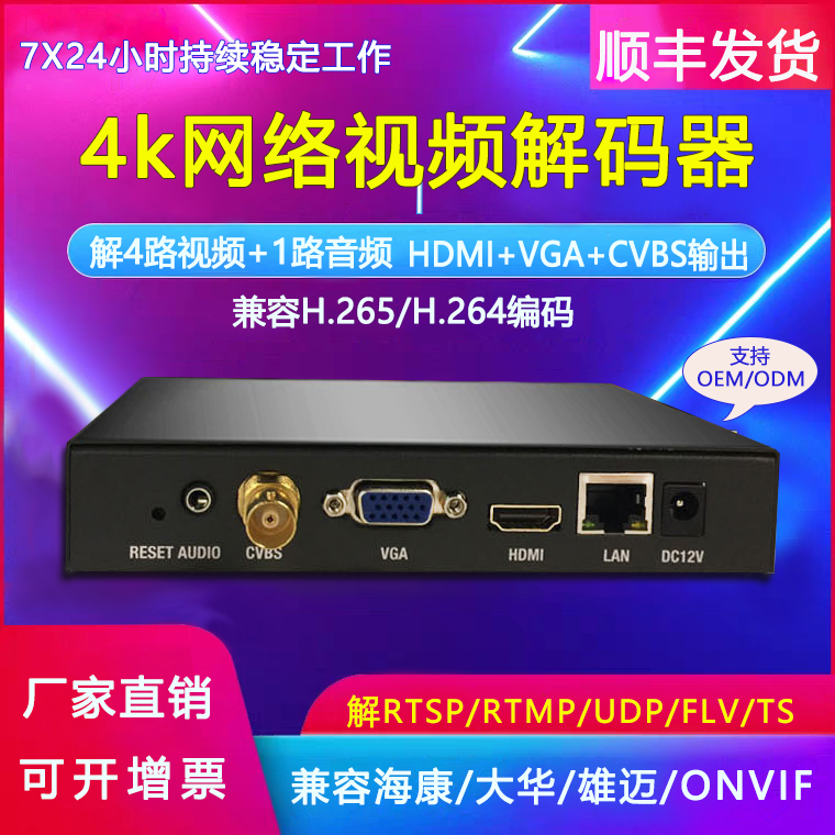 H265 4CH network audio and video decoder hdmi vga cvbs solution 4K surveillance round patrol onvif
