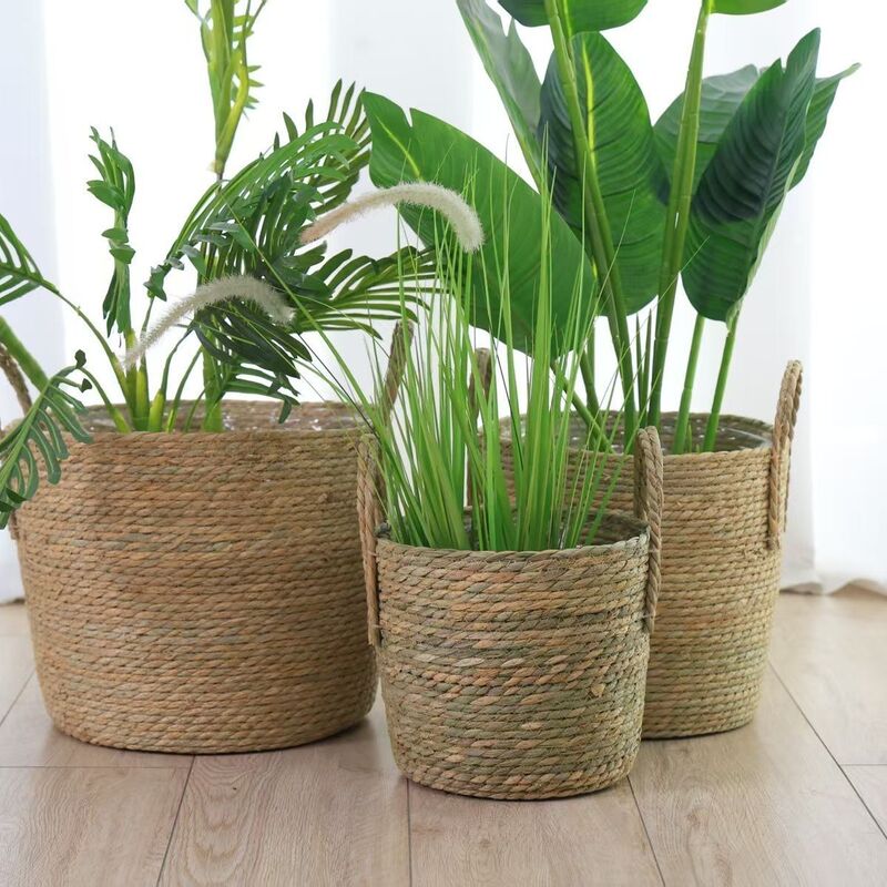 Nordic Rattan Woven Flower Basket Home Decoration Fiddle Leaf Planter Ornament Straw Woven Green Plant Large Set of Pots Floor-Standing Large Flower Pot