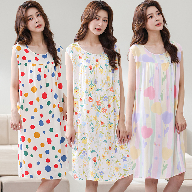 Cotton Silk Pajamas for Women, Summer Large Size Loose Cotton Silk Nightgown, Casual Sleeveless Rayon Home Wear Dress Cotton Silk Pajamas for Women, Summer Large Size Loose Cotton Silk Nightgown, Casual Sleeveless Rayon Home Wear Dress