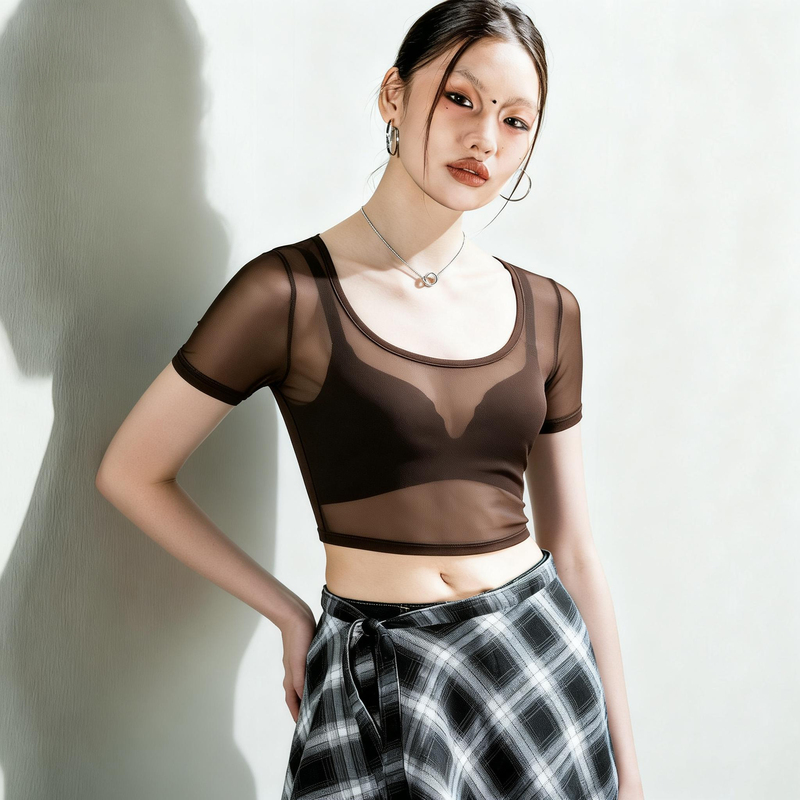 Hot Girl Style Transparent Mesh Short-Sleeved T-Shirt for Women, Summer Thin Slim-Fit See-Through Bottoming Shirt for Women, Coffee-Colored Short Top