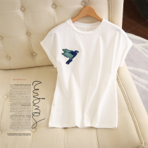 Export foreign trade original single womens big-name tail goods clearance 2020 New Roll sleeve round neck embroidery bird cotton T-shirt women