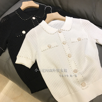 Brand discount store shopping mall counter foreign trade Womens tail goods gold wire embellishment lapel knitwear shirt female summer