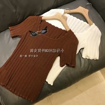 French retro large square collar giant beautiful giant thin ~ refreshing pit texture wagons skinny knitting T female summer thin