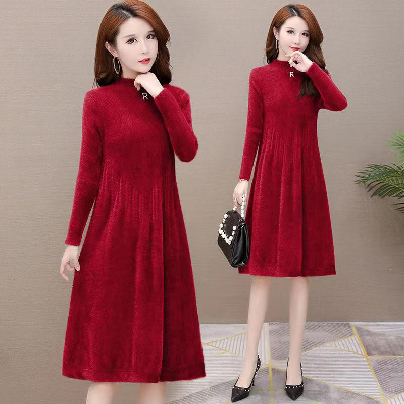 Autumn and Winter Women's Mink Velvet Dress, Mid-Length Loose Sweater, Thick Knitted Sweater, Over-The-Knee Base Skirt