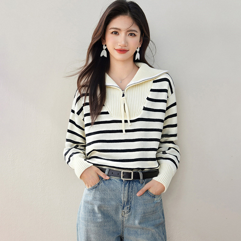 Striped Lazy Style Navy Collar Half-Zip Knit Sweater for Women, Autumn/Winter 2026 New Model, Casual Top for Autumn