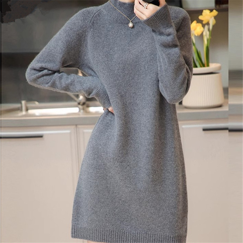 Half-High Collar Mid-Length Knitted Dress, New Autumn and Winter European Style, Simple and Loose, with Fleece Lining and Thickened Sweater Dress