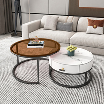 Light extravagant round rock plate tea table combination minimalist modern small household type home living room storage tempered glass tea table table