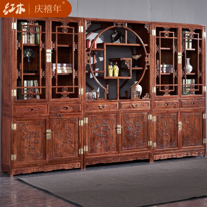 Mahogany three combination bookcase hedgehog rosewood bookcase Chinese office bookcase solid wood Ming and Qing dynasty classical furniture