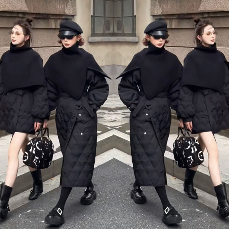 2025 Winter New Trendy Fashion Design Shawl Collar Slimming Belt Long and Short Styles Cotton-Padded Jacket for Women