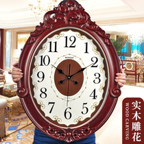 Wall clock living room household solid wood villa luxury decoration European-style Chinese mahogany light luxury watch wall hanging oversized American