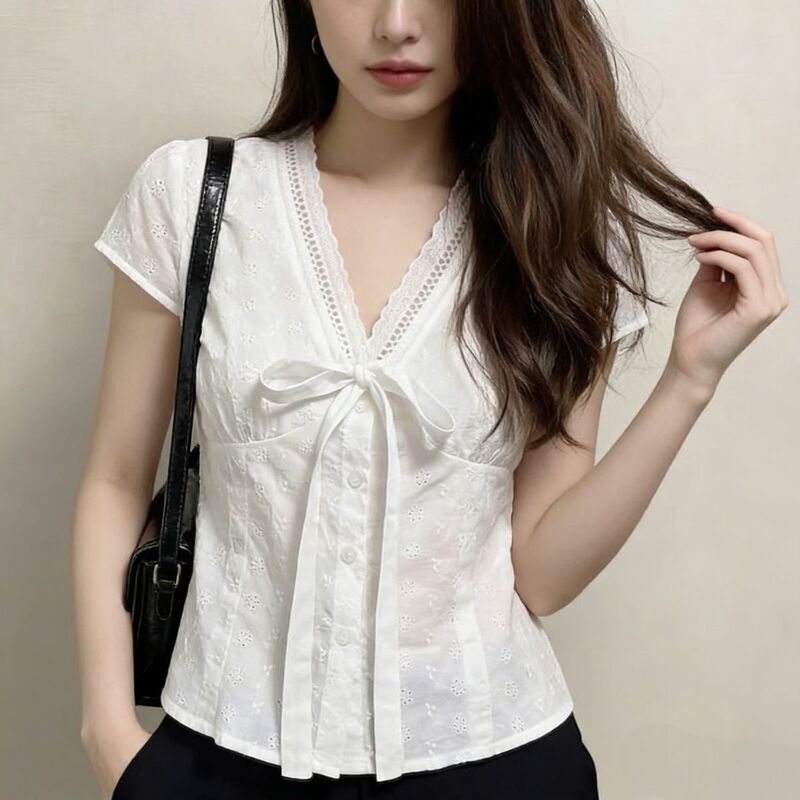 French Lace Embroidered Hollow White Shirt for Women, New Summer Style with Bow and Flutter Sleeves, Elegant Short Top