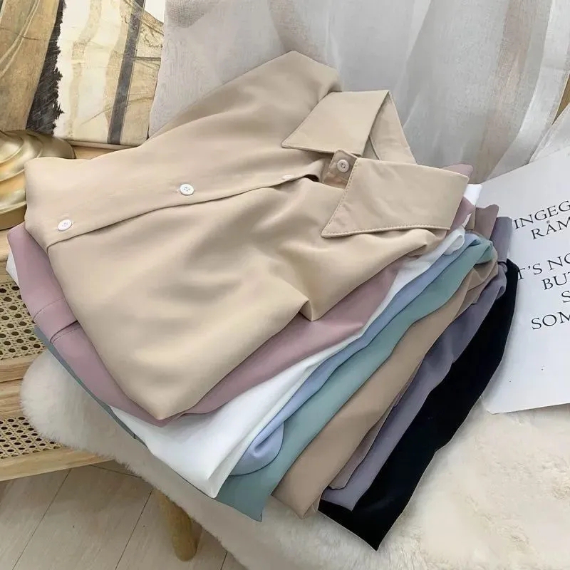 Elegant Morandi Long-Sleeved Solid Color Shirt for Women, Spring and Autumn Loose Drape Casual Shirt, Versatile and Stylish Top