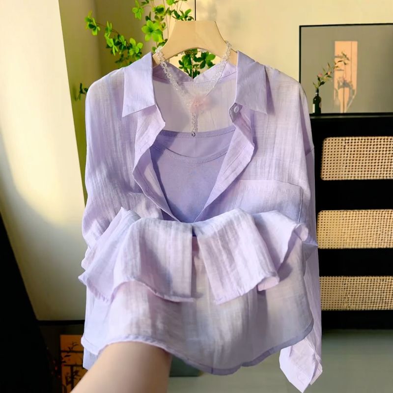 Purple Polo Collar Semi-Sheer Sun Protection Shirt Women's Top Summer Chic Single-Breasted Cardigan Thin Jacket
