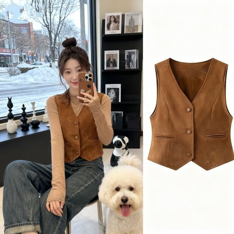 Melard Suede Vest for Women, 2025 Autumn and Winter, Petite Slim-Fit Layering Top, Vest Jacket