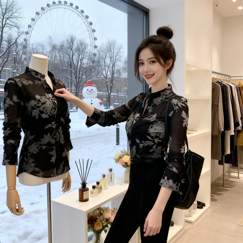 Spring and Summer New Fashion Versatile Slimming Long-Sleeve Mesh Printed Shirt for Women with Unique Design Spring and Summer New Fashion Versatile Slimming Long-Sleeve Mesh Printed Shirt for Women with Unique Design