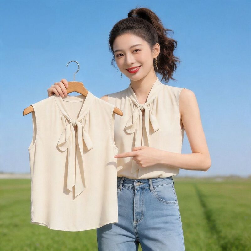Sleeveless Vest for Women, Suitable for Outerwear, with a High-End Feel, Summer Suit Inner Layer, Base Shirt, Bow Tie Shirt, Pullover, Thin Top