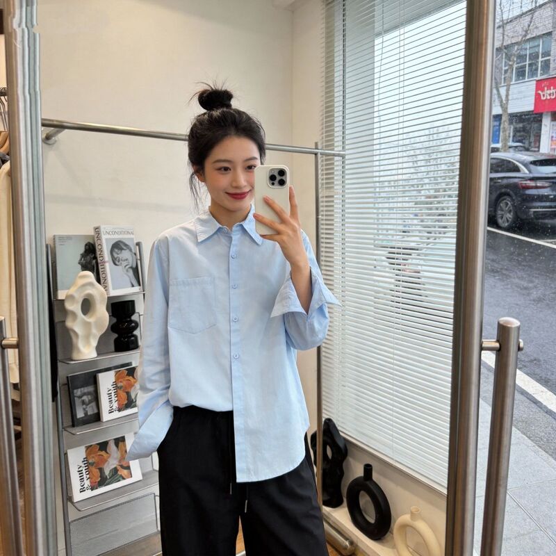 Pure Cotton Blue Shirt for Women, New Spring and Autumn Style, Chic and Beautiful, Suitable for Commuting, French Style, High-End, Light Luxury, Long-Sleeved Top for Women Pure Cotton Blue Shirt for Women, New Spring and Autumn Style, Chic and Beautiful, Suitable for Commuting, French Style, High-End, Light Luxury, Long-Sleeved Top for Women