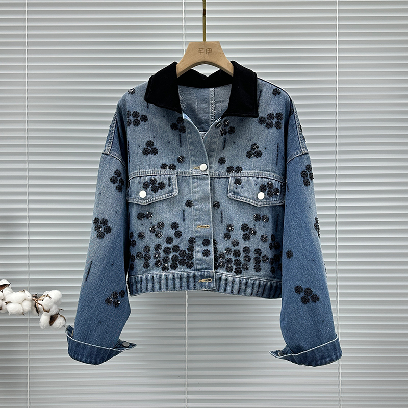 ins Heavy-Duty Sequin Denim Jacket for Women, 2026 New Spring and Autumn Loose-Fitting Versatile Drop-Shoulder Long-Sleeve Short Jacket