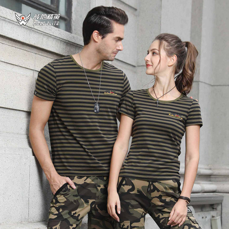 Battlefield elite 2019 summer outdoor camping crew neck pure cotton slim fit couple T-shirt striped women's short-sleeved t-shirt