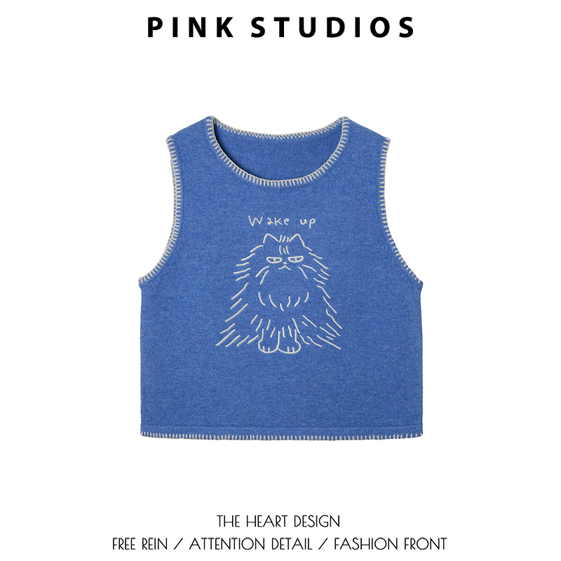 Blue Puppy Embroidered Edge-Trimmed Knitted Vest for Women, Autumn Outerwear, Pullover Round Neck Vest, Korean Style Layered Sleeveless Sweater