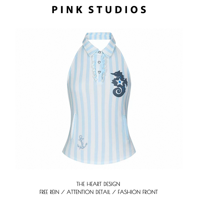 Blue Striped Seahorse Print Halter Neck Sleeveless Top for Women, Summer Outerwear, Cute Off-Shoulder Short Top