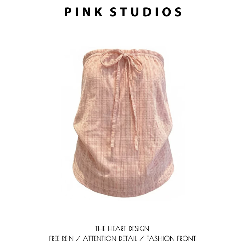 Pink Plaid Bow-Tie Strapless Top for Women, Summer Outerwear, Bubble Texture Vest, Korean Style Loose Off-Shoulder Top