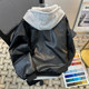 American retro splicing fake two-piece hooded PU leather jacket for men in autumn and winter trendy brand loose casual motorcycle jacket
