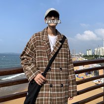 ins retro plaid western suit male trend spring autumn season double-row buttoned suit with handsome gas loose casual 100 lap jacket