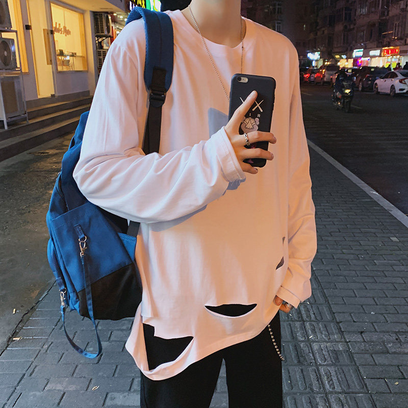 Long sleeve T-shirt male loose thin section Korean version Spring and autumn season Chauffins Tide High Street Breaking the bottom of the bottom Shirt 100 lap blouses