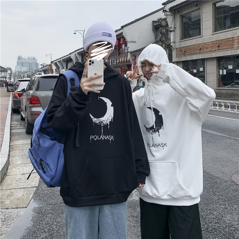 Autumn Winter Korean version lovers thick T-shirt Men's hat ins loose 100 Lapped Printed Blouse Harbor Wind Handsome and Velvet Jacket