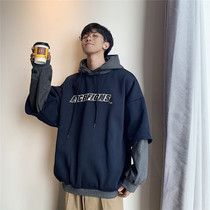 Fake two sweater men plus velvet thickened spring and autumn hooded clothes ins loose trend Korean student coat