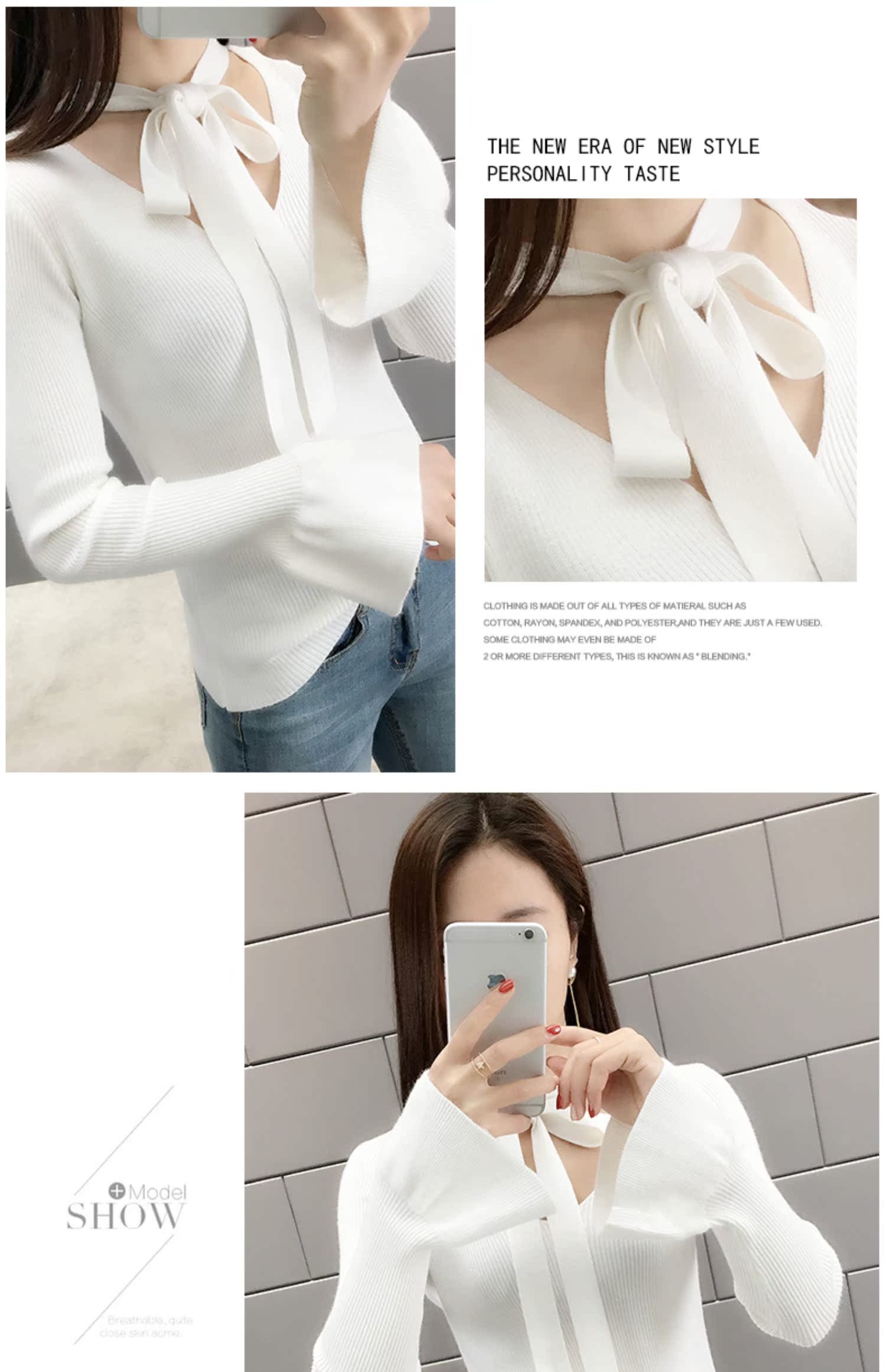 Đầu xuân phụ nữ in nơ tay áo mùa xuân 2019 mới mỏng đan đáy áo len nữ - Áo len cổ chữ V áo len cổ tim