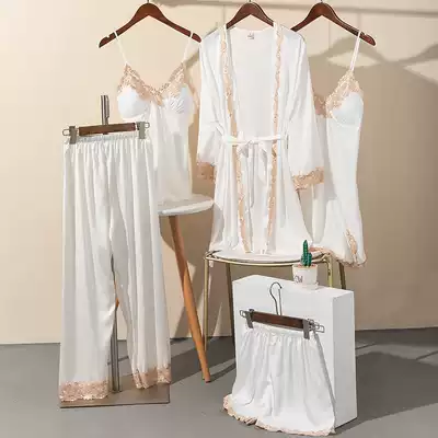 VIRRI CIAGA sexy white lace pajamas women spring and summer thin silk five-piece home clothes