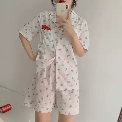 VIRRI CIAGA sweet girl line ~ hipster pajamas female summer lapel age reduction flower bud pocket set