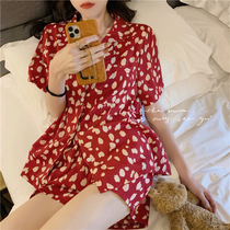 VC flower room warmth * Korean floral~2021ss pajamas womens Summer ice Silk fashion short-sleeved two-piece suit