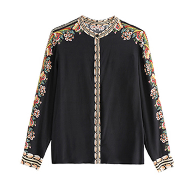 Black chiffon shirt women's long-sleeved 2022 autumn new Korean style fashion stand-up collar retro print Western-style top trendy